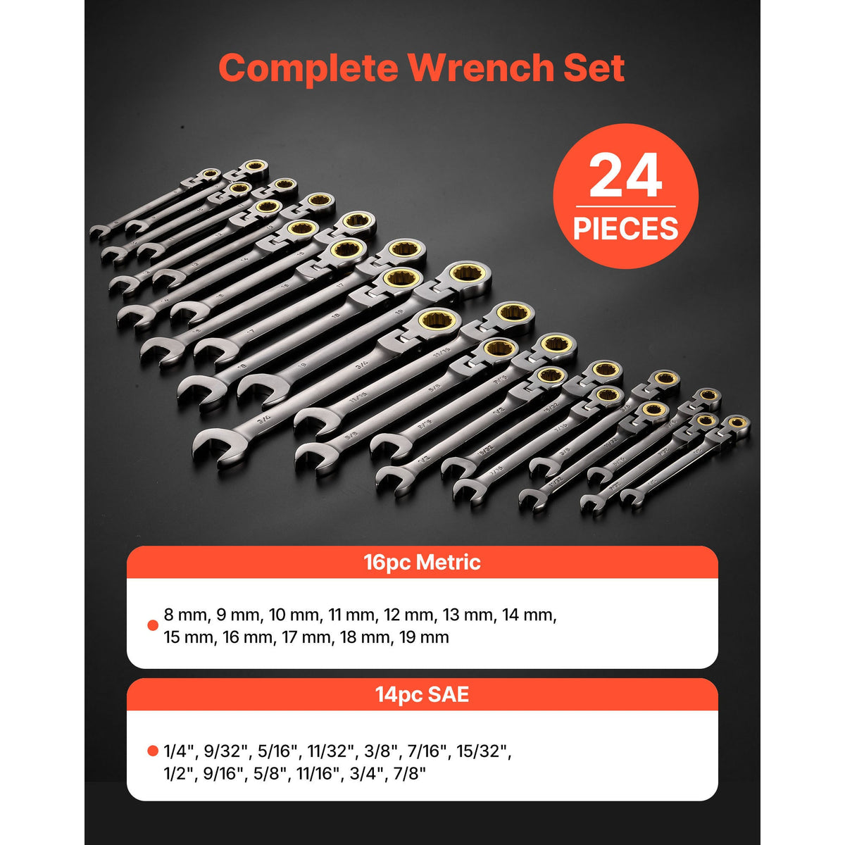 Flex-Head Ratcheting Wrench Set with Storage Case – 24-Piece SAE & Metric