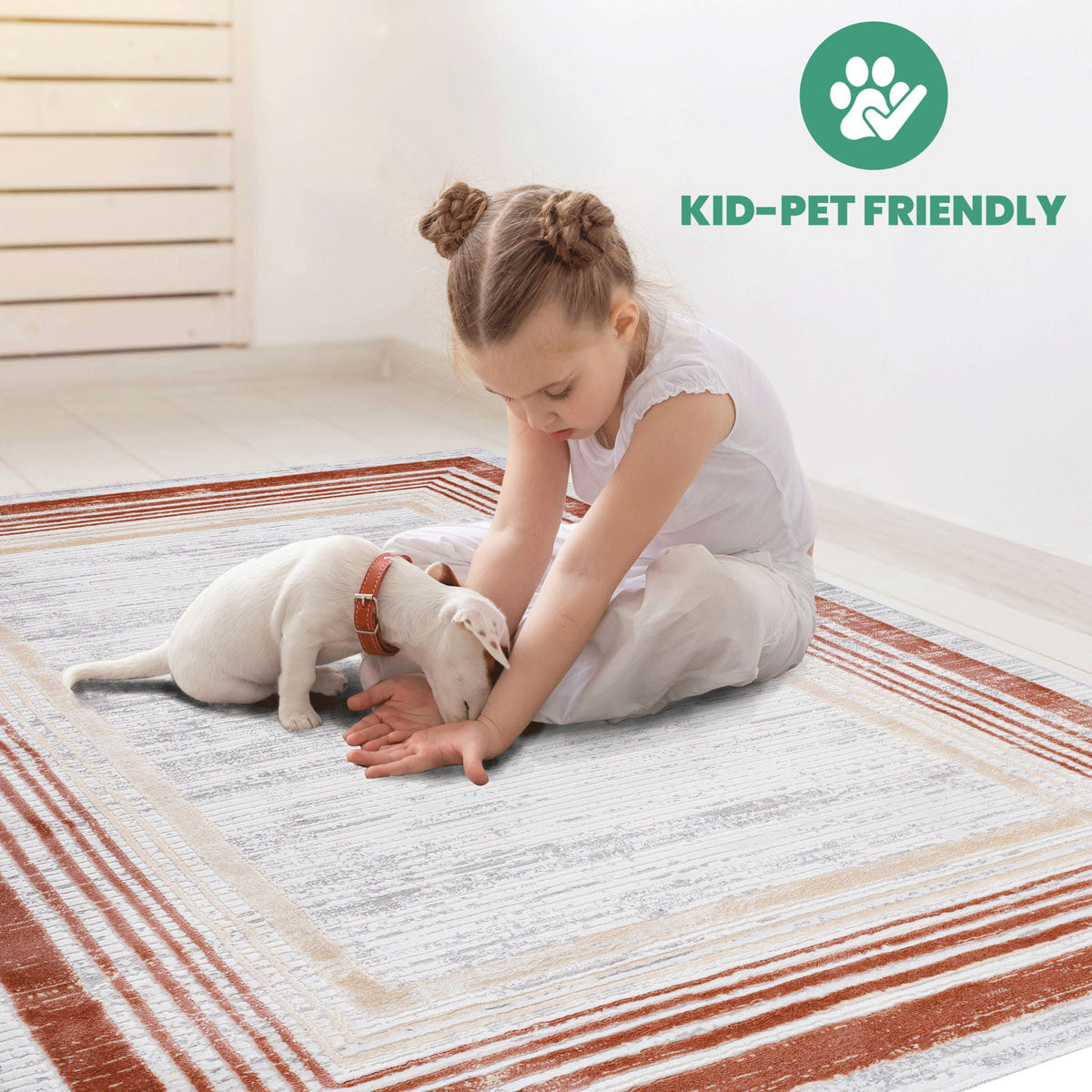 Bordered Area Rug with Stain Resistance - Blue or Light Brown