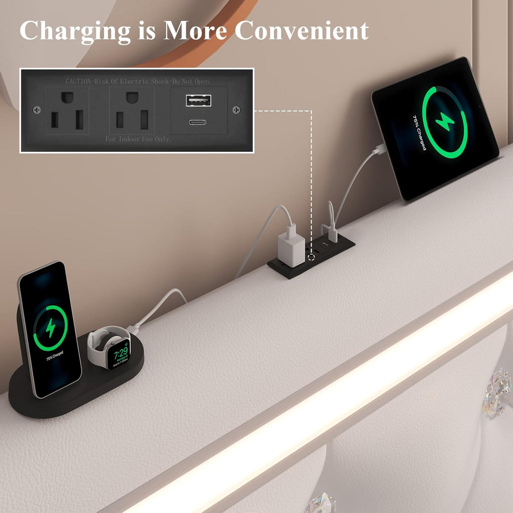 Queen Size Bed Frame with LED Lights and Charging Station