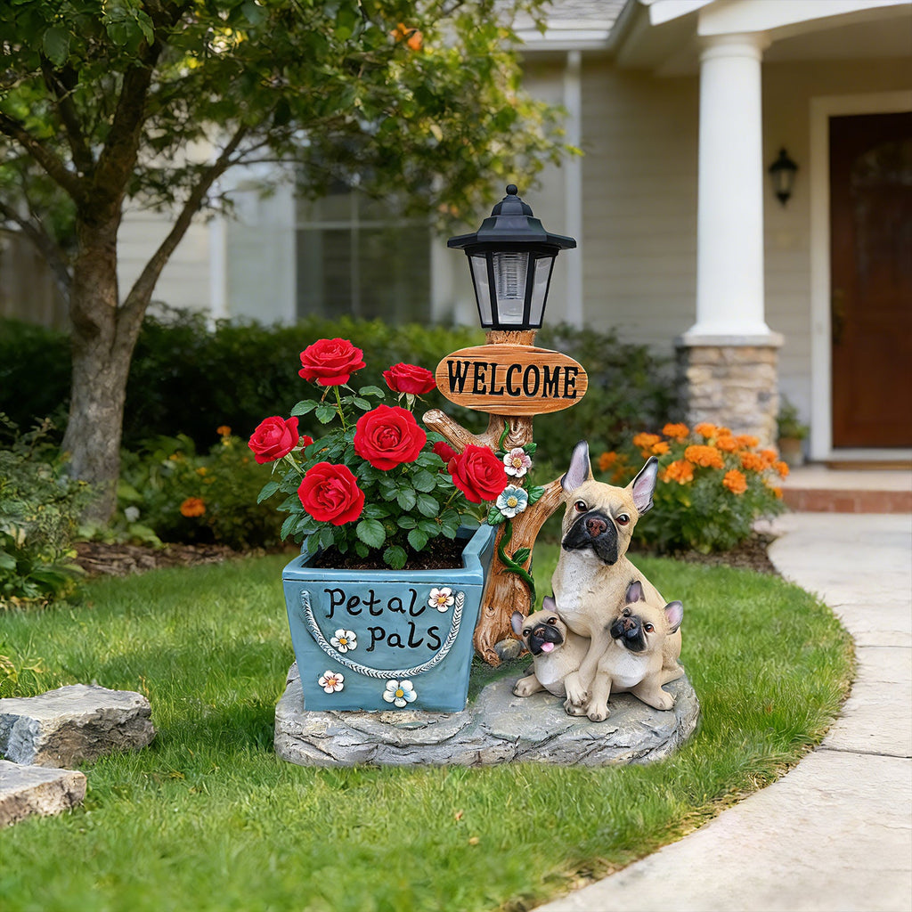 French Bulldog Family Planter Statue with Integrated Planter - Resin