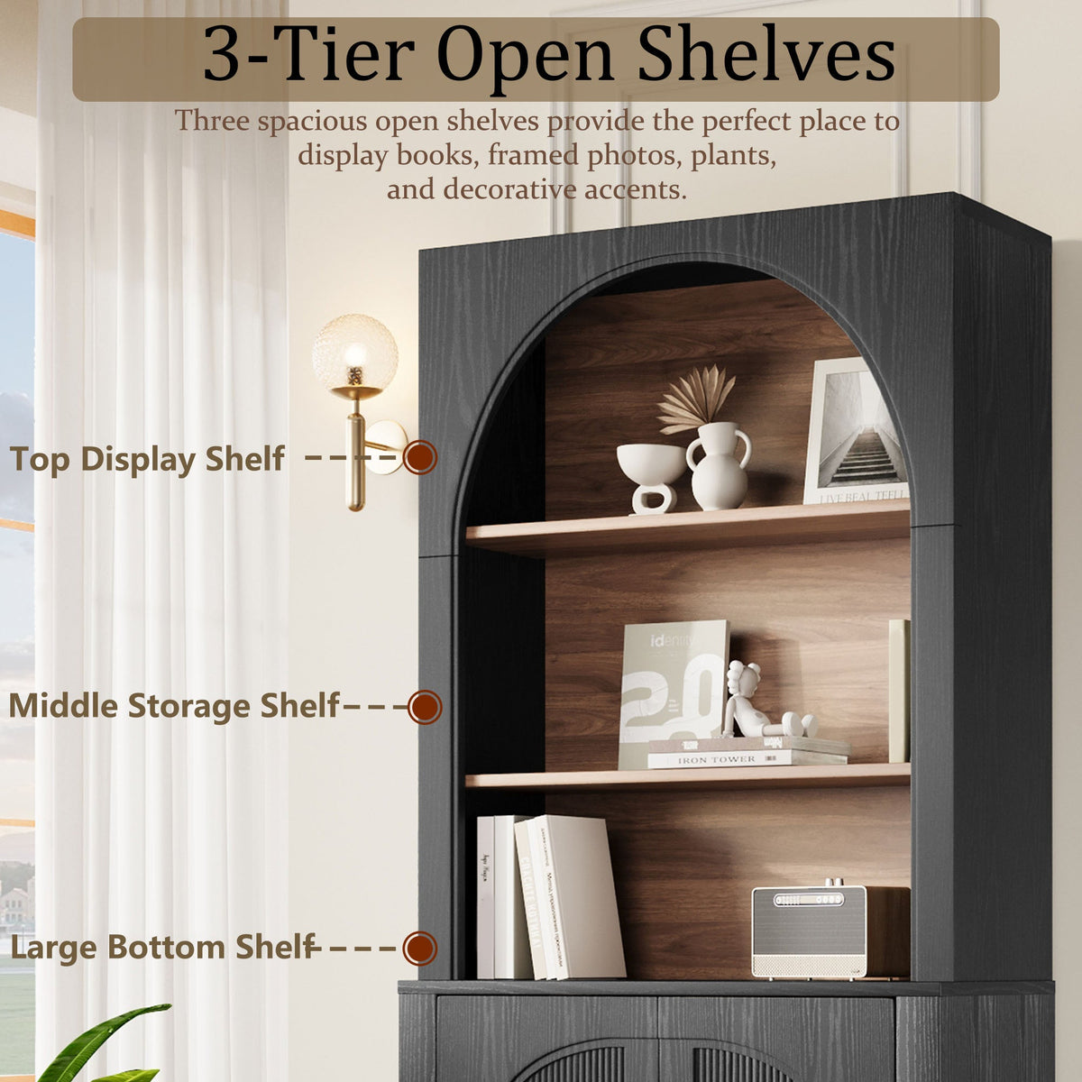 Modern Black Bookcase with Storage Cabinet - Black