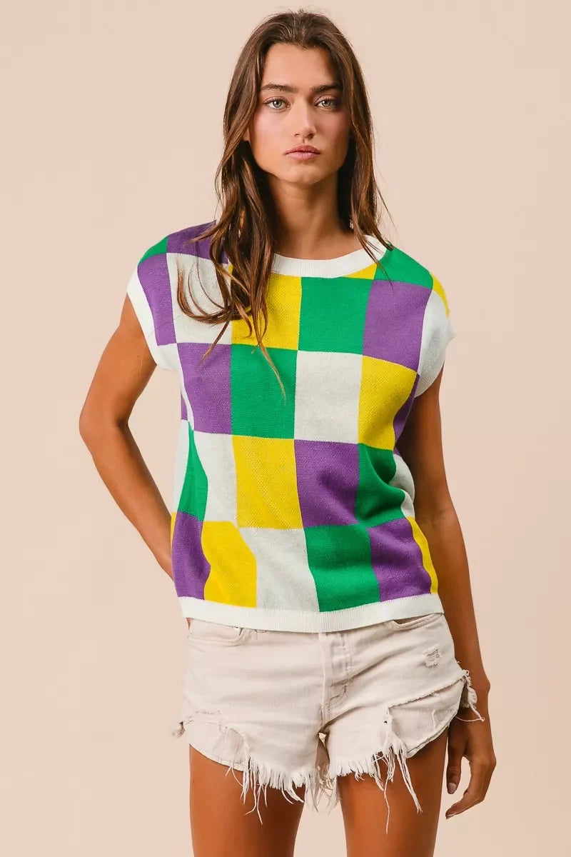 BiBi Mardi Gras Checker Pattern Sleeveless Sweater Top