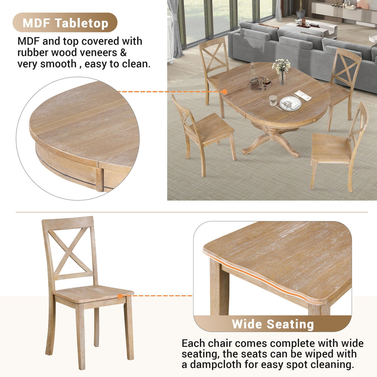 Modern Dining Table Set for 4 with Curved Back Chairs - Beige or Light Brown