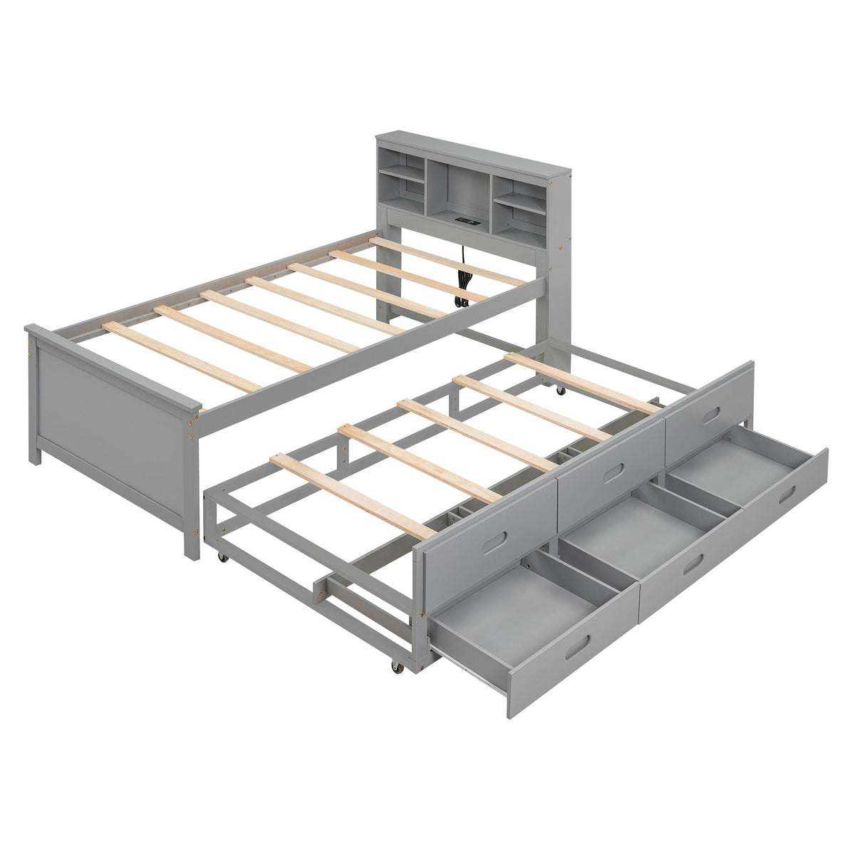 Platform Bed with Storage Headboard, USB, Trundle & 3 Drawers - Twin or Full