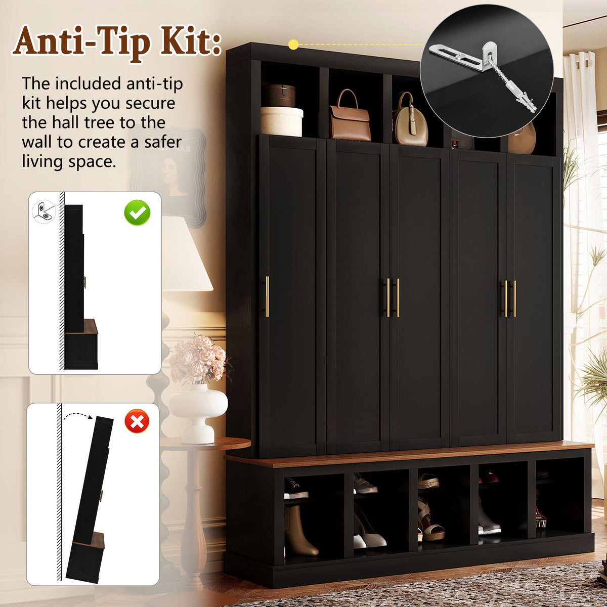 Farmhouse Entryway Storage Cabinet with Coat Closet - Black