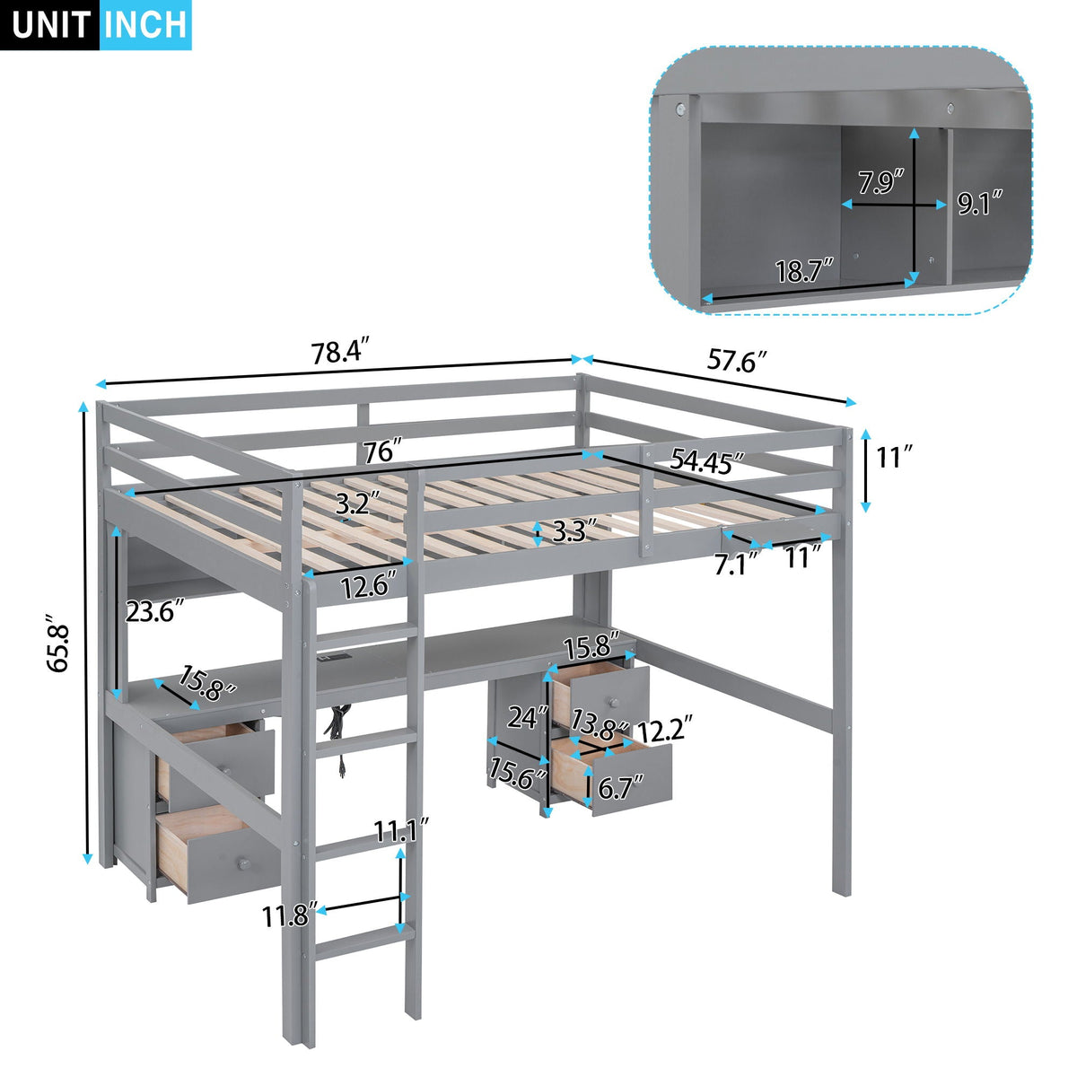 Loft Bed With Desk, Cabinets, Drawers, Charging Station And Bedside Tray