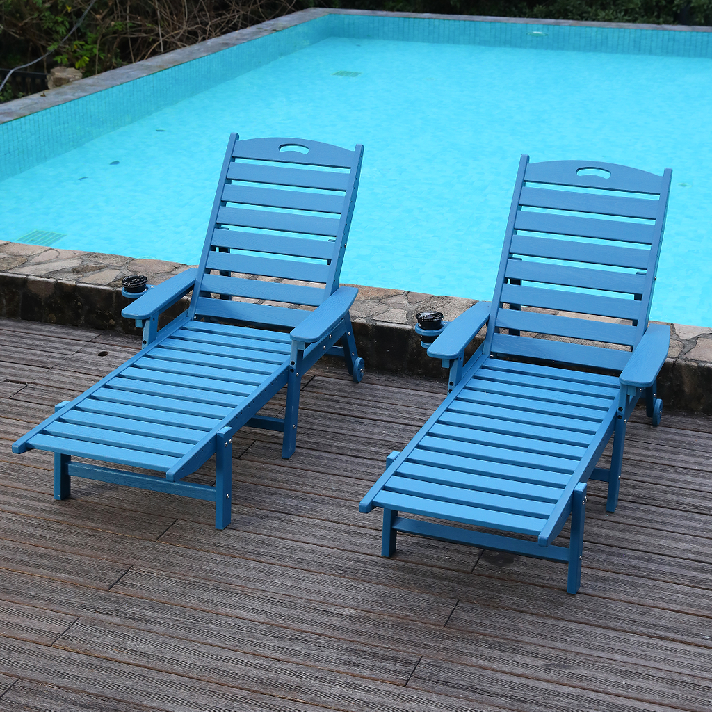 HDPE Outdoor Chaise Lounge Chair with Adjustable Backrest - Navy Blue