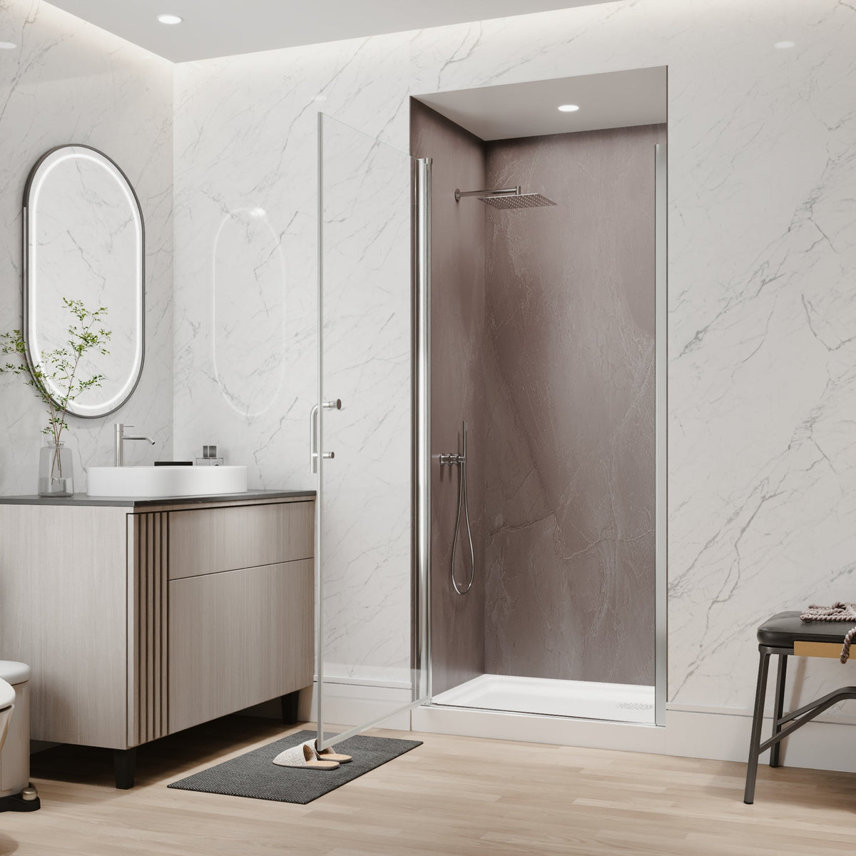 34 to 36 Inch Semi-Frameless Pivot Shower Door with Adjustable Reversible Design - Silver