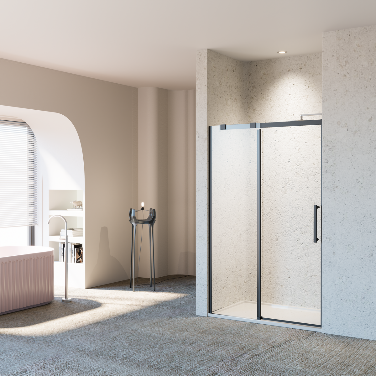 Frameless Sliding Shower Door with Tempered Glass - Matte Black