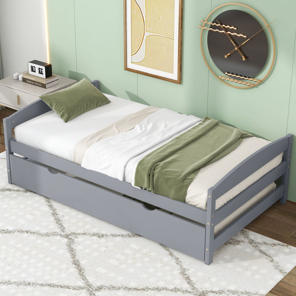 Twin Size Platform Bed with Trundle - Solid Wood Frame - Dark Gray or White