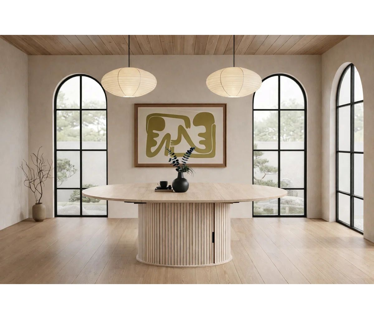 Extendable Round Dining Table with Hidden Storage Base - Wood