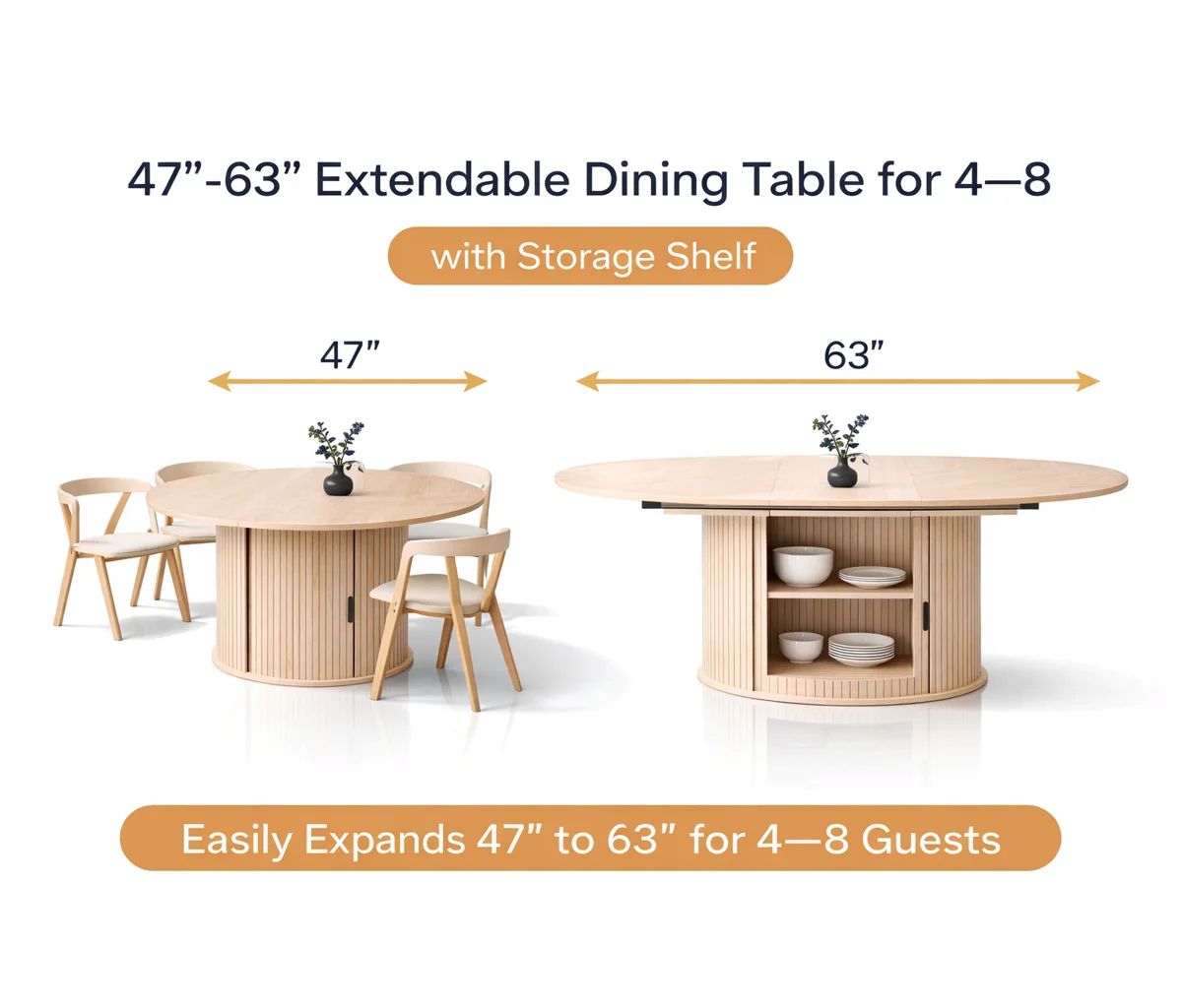 Extendable Round Dining Table with Hidden Storage Base - Wood