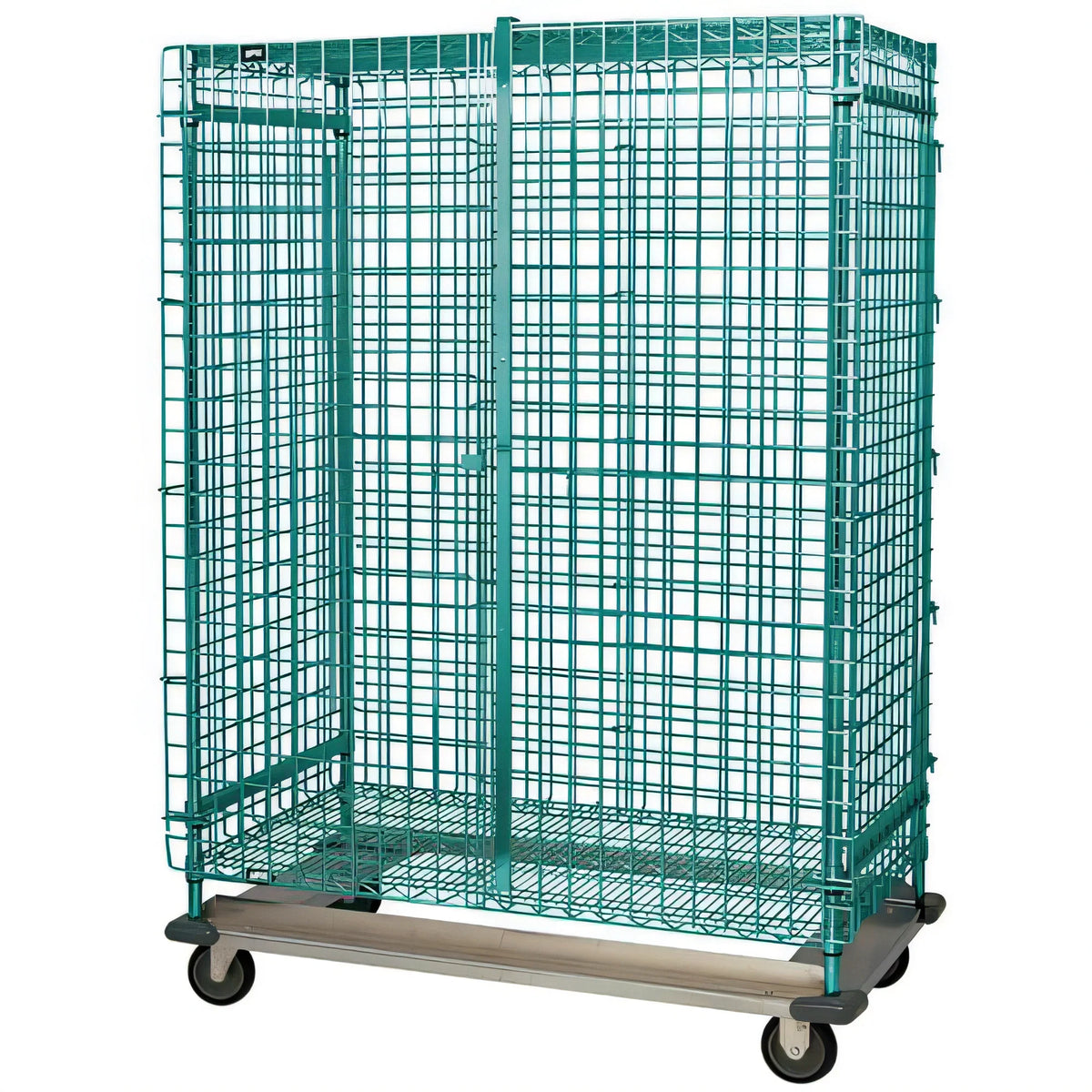 Quantum MD2448-70SECP Mobile Open-Wire Security Cage with Locking Doors, Dolly Base, Green Epoxy, 48"W x 24"D x 70"H