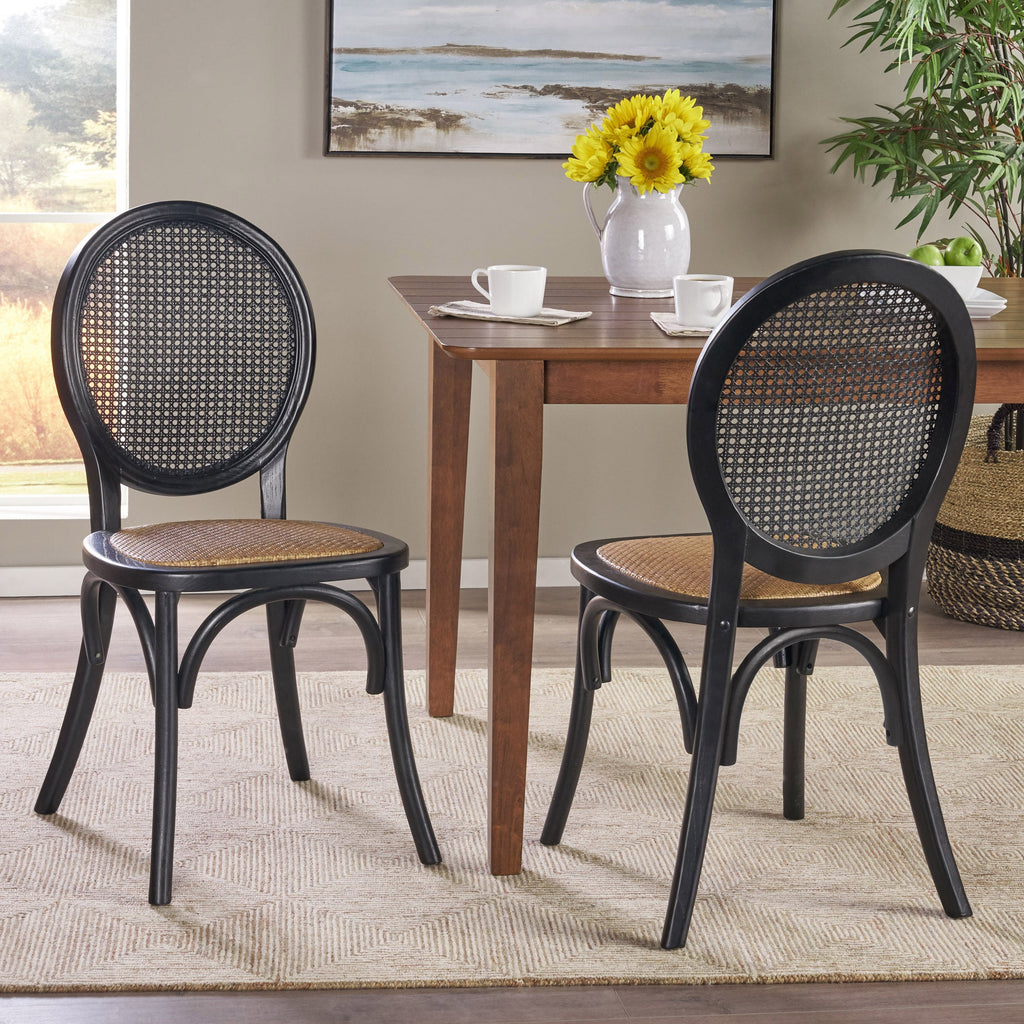 Vintage Rattan-Style Dining Chair MP2 Set of 2 with Elm Wood Frame - Matte Black
