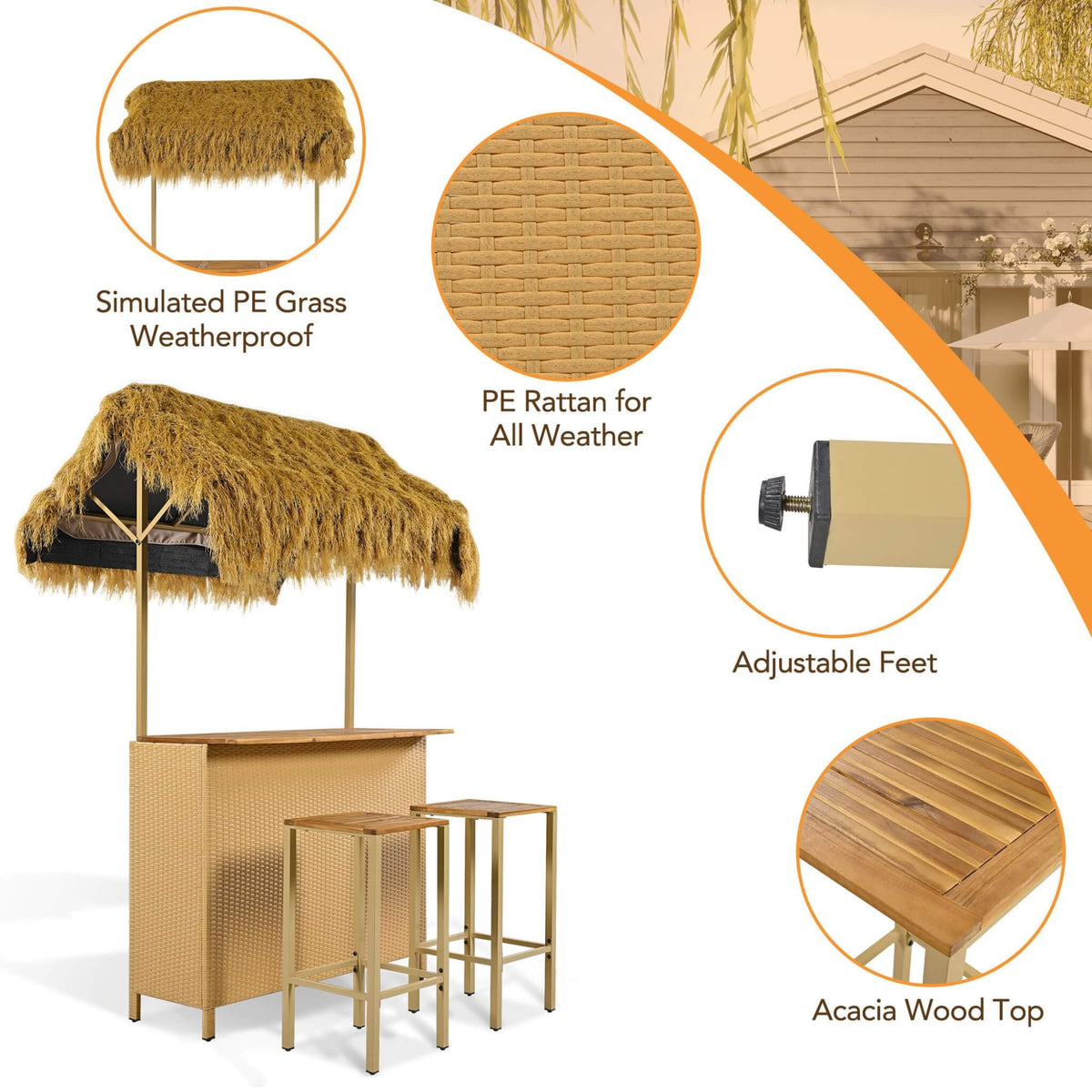 3-Piece Hawaiian Bar-Height Patio Set With Grass Canopy And Stools (SAK63047)