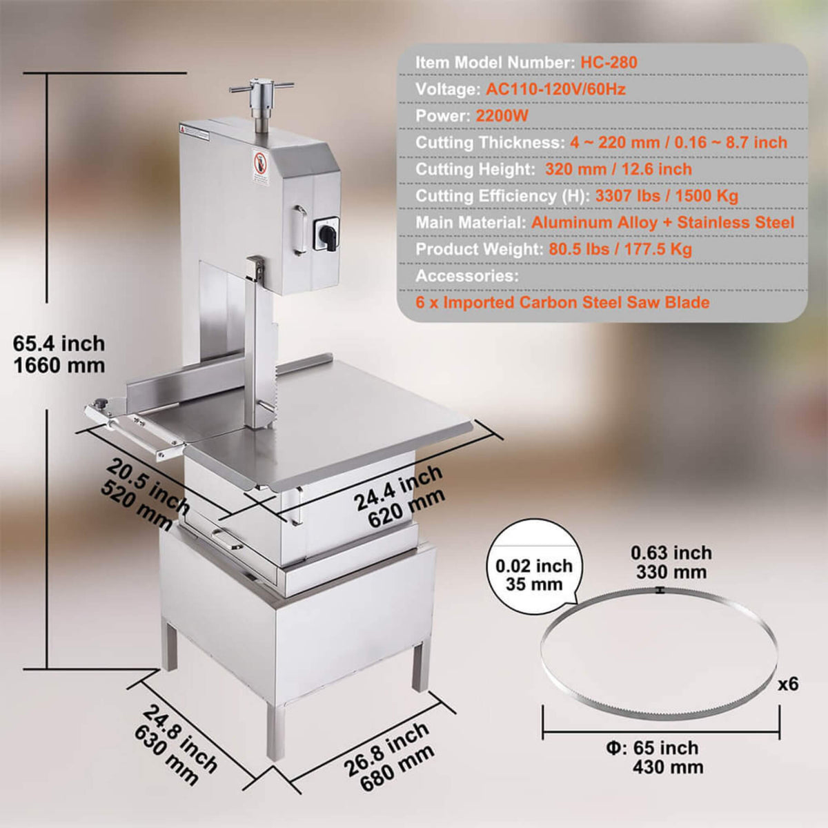 Heavy-Duty Commercial 2200W Electric Meat Bone Saw Cutting Band Machine With 6 Saw Blades (SAK91753)