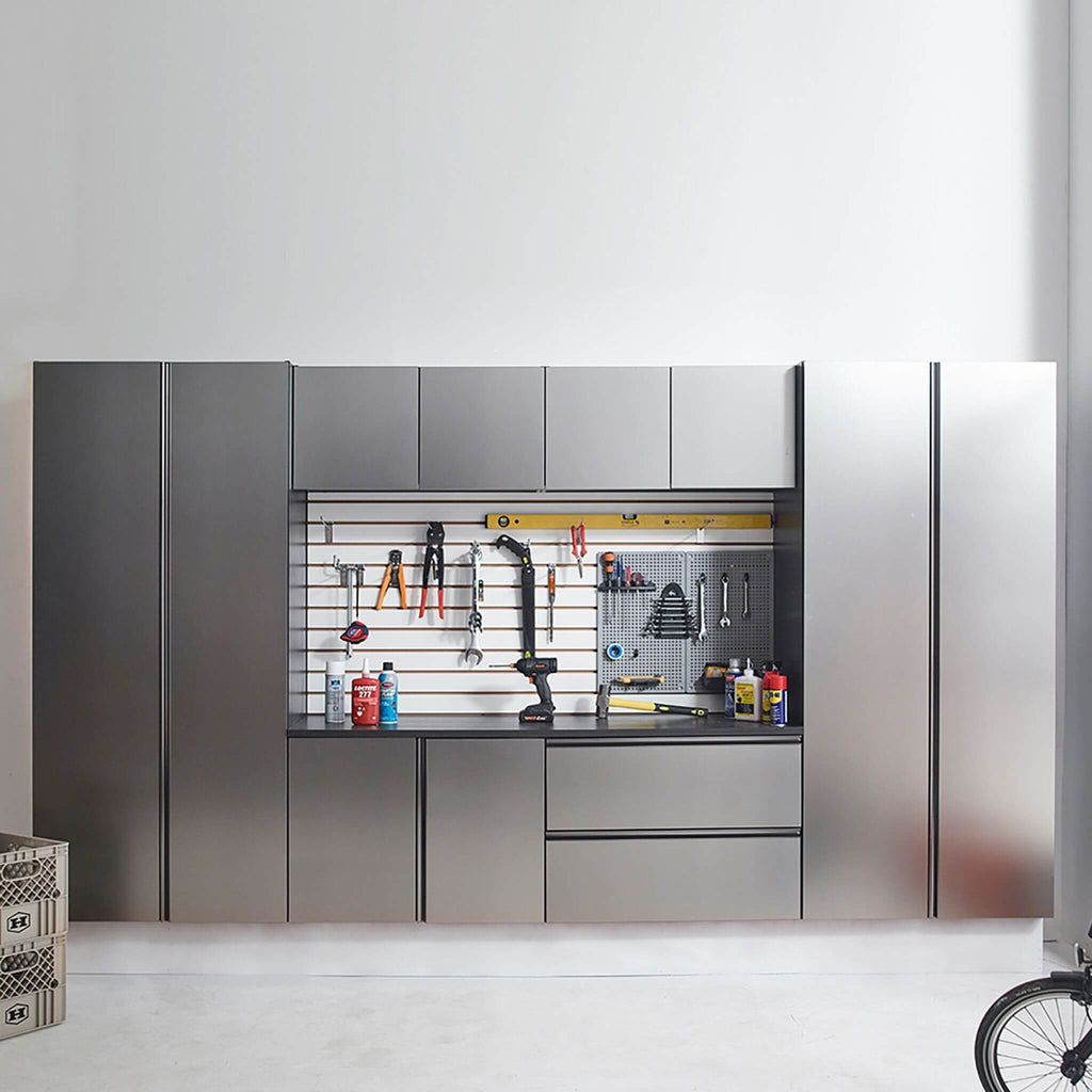 Heavy-Duty Wall-Mounted Metallic Gray Garage Cabinet Set With Soft Closing Doors And Drawers (SAK24368)