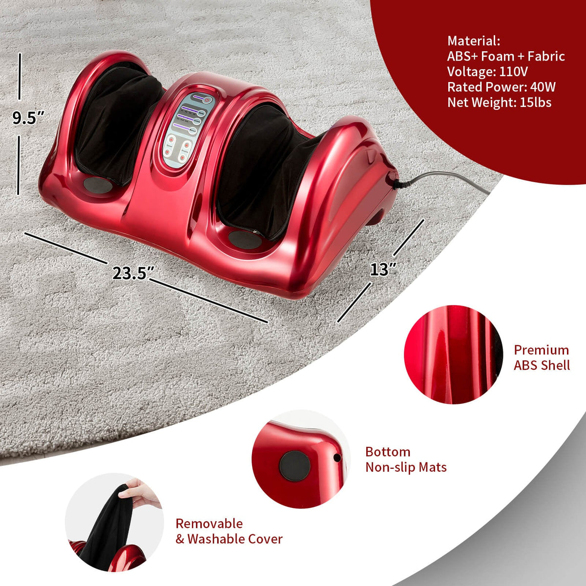 Therapeutic Shiatsu Foot Massager with High Intensity Rollers-Red