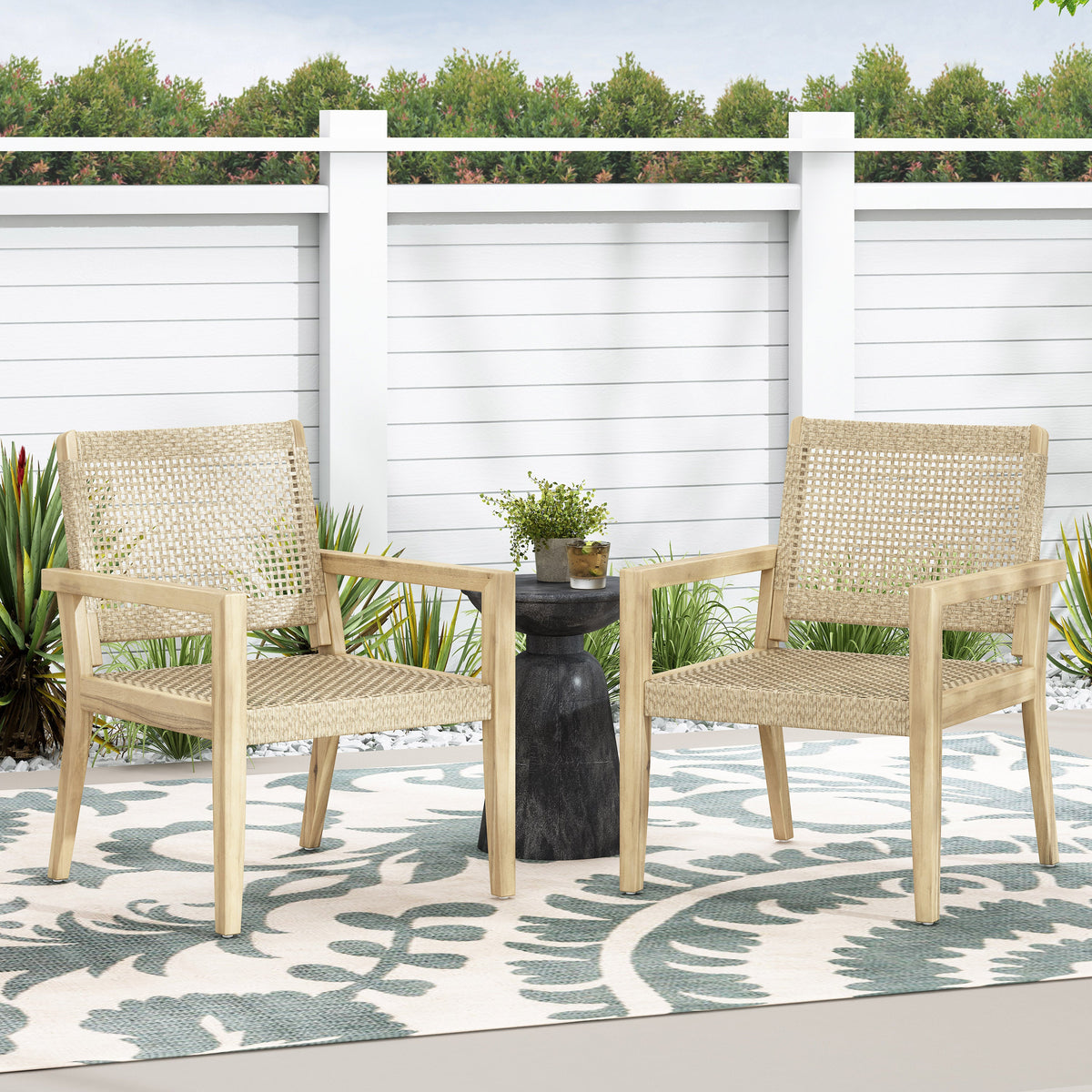 Outdoor Wicker and Acacia Wood Club Chairs - Set of 2