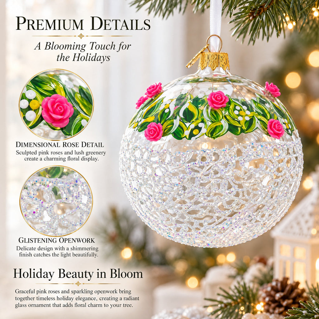 Dimensional Pink Roses Glass Ball Christmas Ornament 4 Inches
