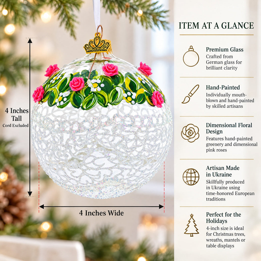 Dimensional Pink Roses Glass Ball Christmas Ornament 4 Inches