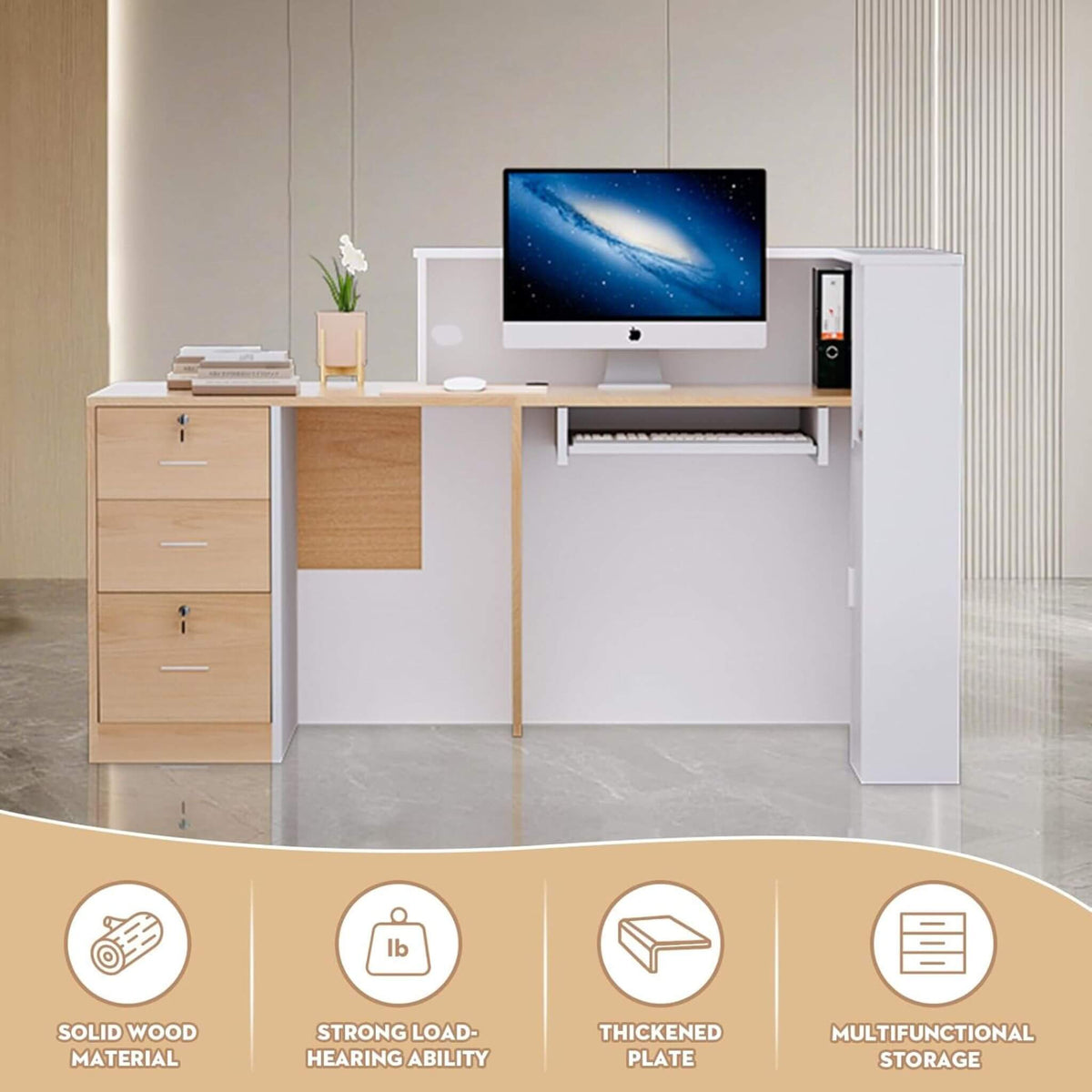 L-Shaped Modern Brown And White Reception Desk With Lockable Drawers (SAK26491)