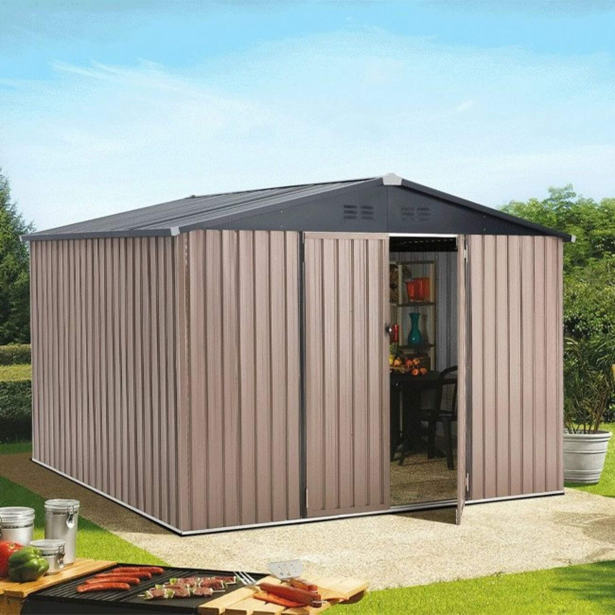 [08X10FT] Large Heavy-Duty Outdoor Metal Garden Tools Storage Utility Shed W/ Lockable Door (SAK72751)