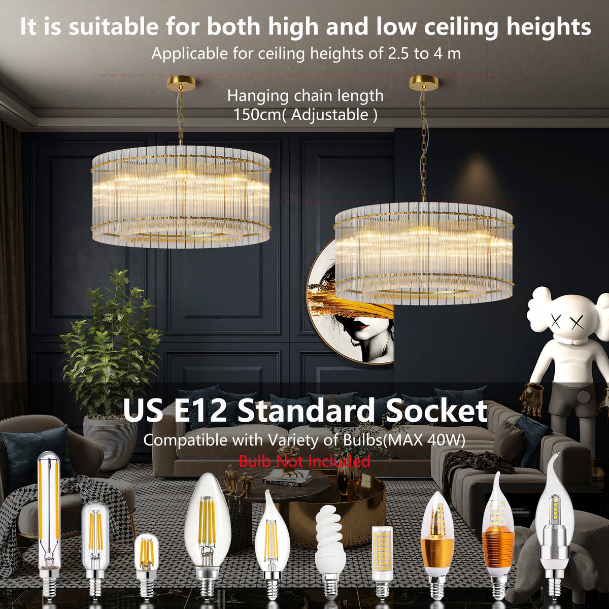 37" Modern Gold Round 8-Light Crystal Chandelier with 2-Tier Crystal Glass - Gold