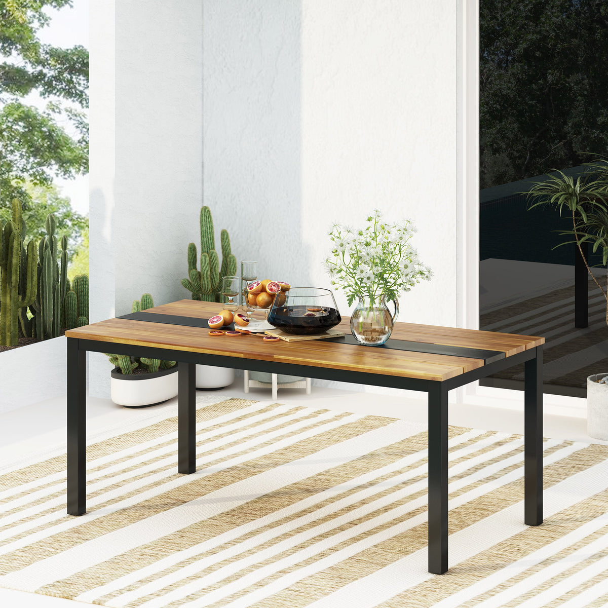Acacia Wood Outdoor Dining Table with Powder-Coated Frame - Lindsey Dining Table