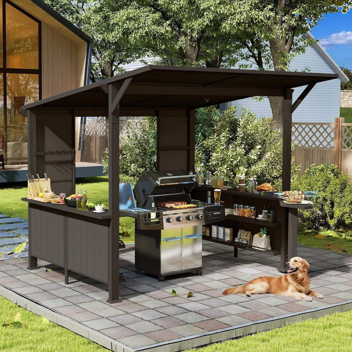 [09X10FT] Modern Slanted Hardtop Alloy Steel Grill Gazebo (SAK32687)