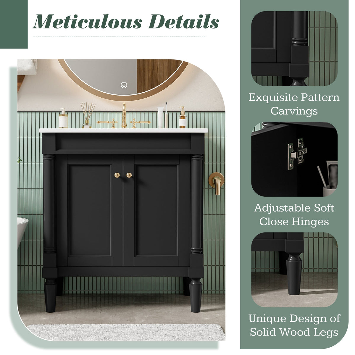 30" Luxurious Bathroom Vanity Cabinet with Ceramic Sink