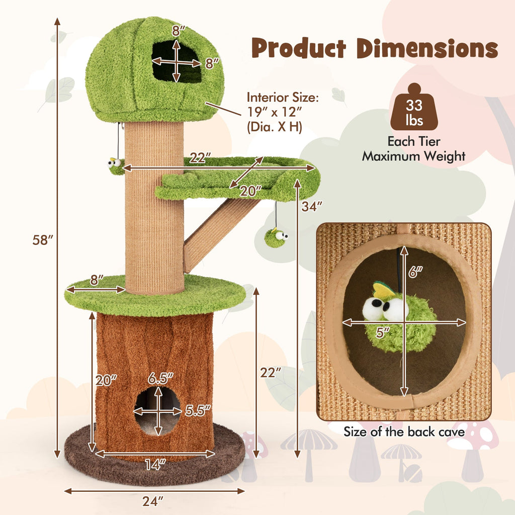 Mushroom Cat Tree for Indoor Cats with 2 Cute Condos Plush Perch and Teasing Balls-Green