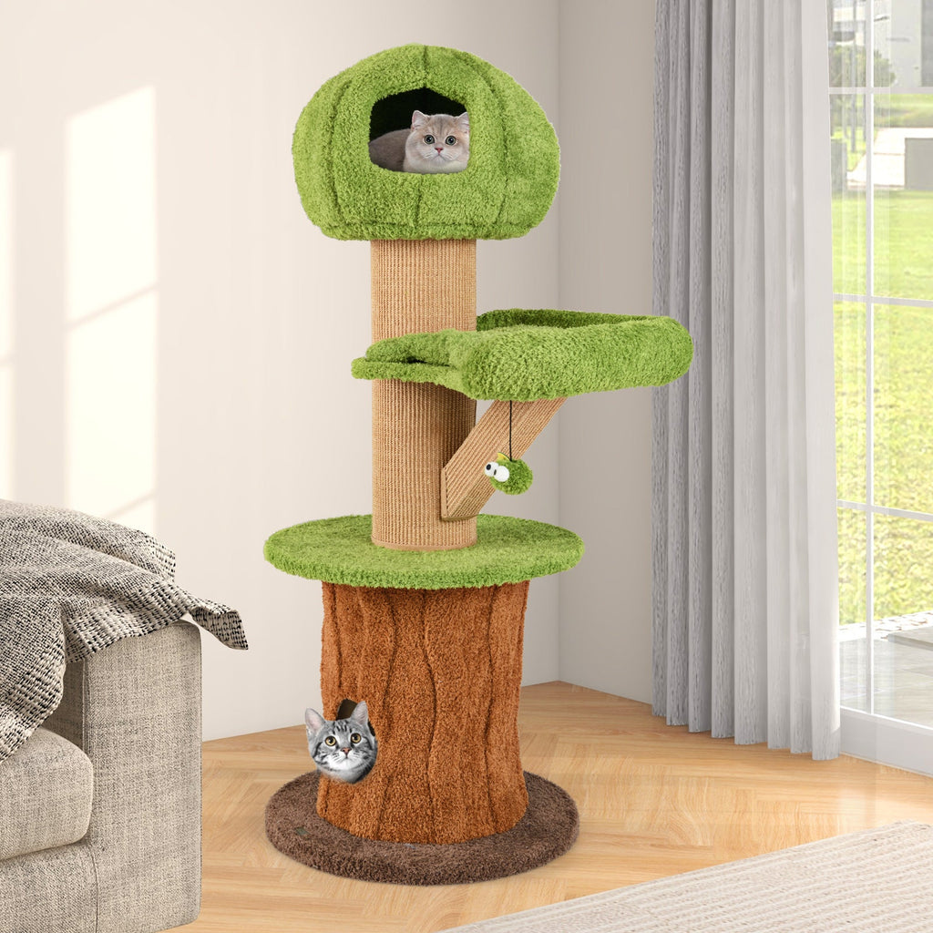 Mushroom Cat Tree for Indoor Cats with 2 Cute Condos Plush Perch and Teasing Balls-Green