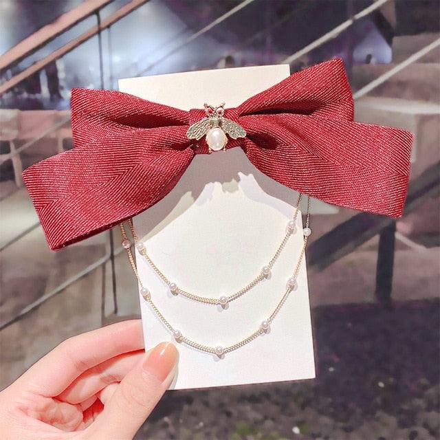 New Bow Pearls Chain Barrettes Hairpins For Women Rhinestone Spring Hair Clips Ribbon Headband Ponytail Headdress Wedding Hair Accessories for Brides and Bridesmaids