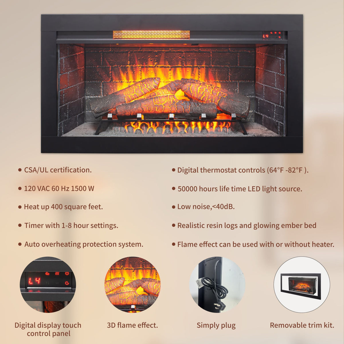 36-Inch Electric Antique Black Touch Panel Infrared Fireplace Insert With Removable Trim Kit (SAK84610)