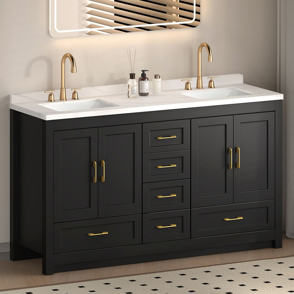 60-Inch Black Bathroom Vanity With Soft Close Doors And Drawers Storage (SAK86210)