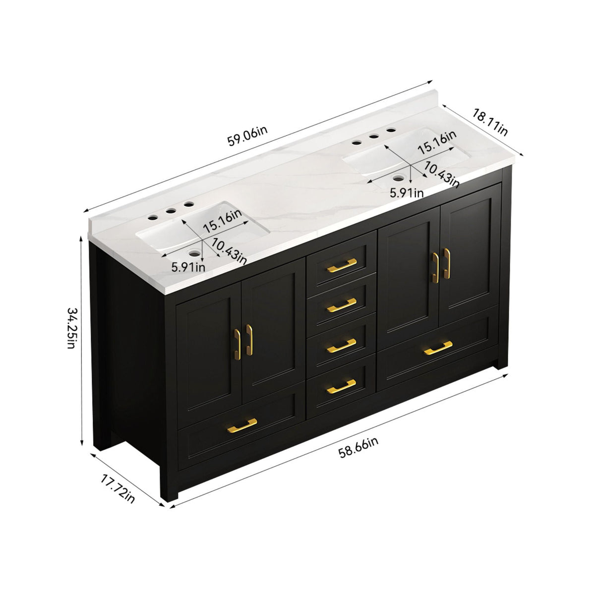 60-Inch Black Bathroom Vanity With Soft Close Doors And Drawers Storage (SAK86210)