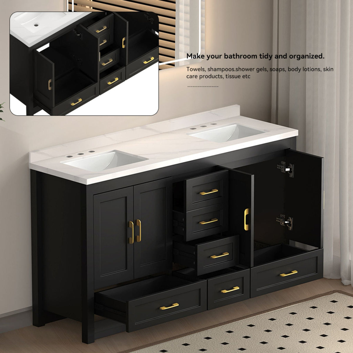 60-Inch Black Bathroom Vanity With Soft Close Doors And Drawers Storage (SAK86210)