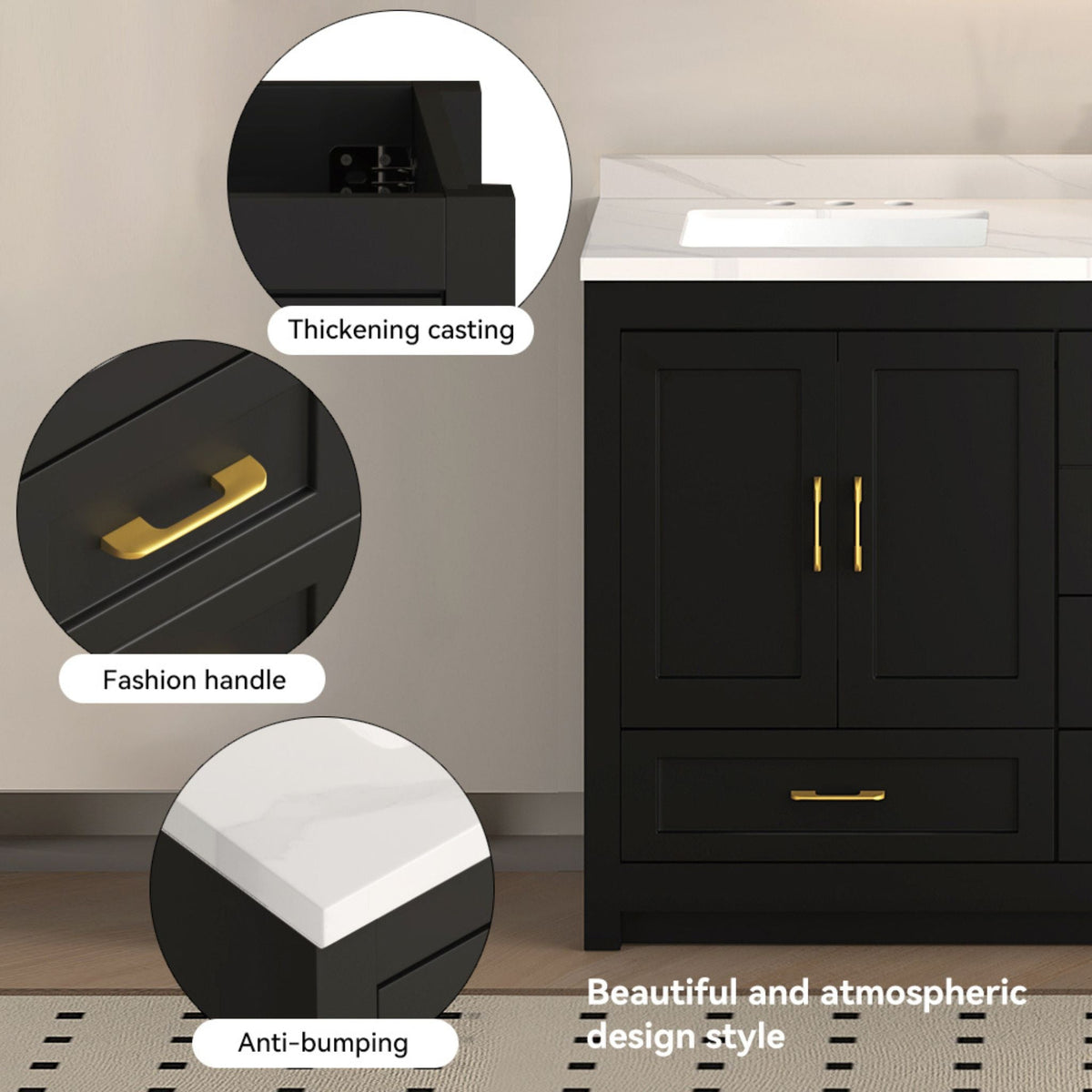 60-Inch Black Bathroom Vanity With Soft Close Doors And Drawers Storage (SAK86210)