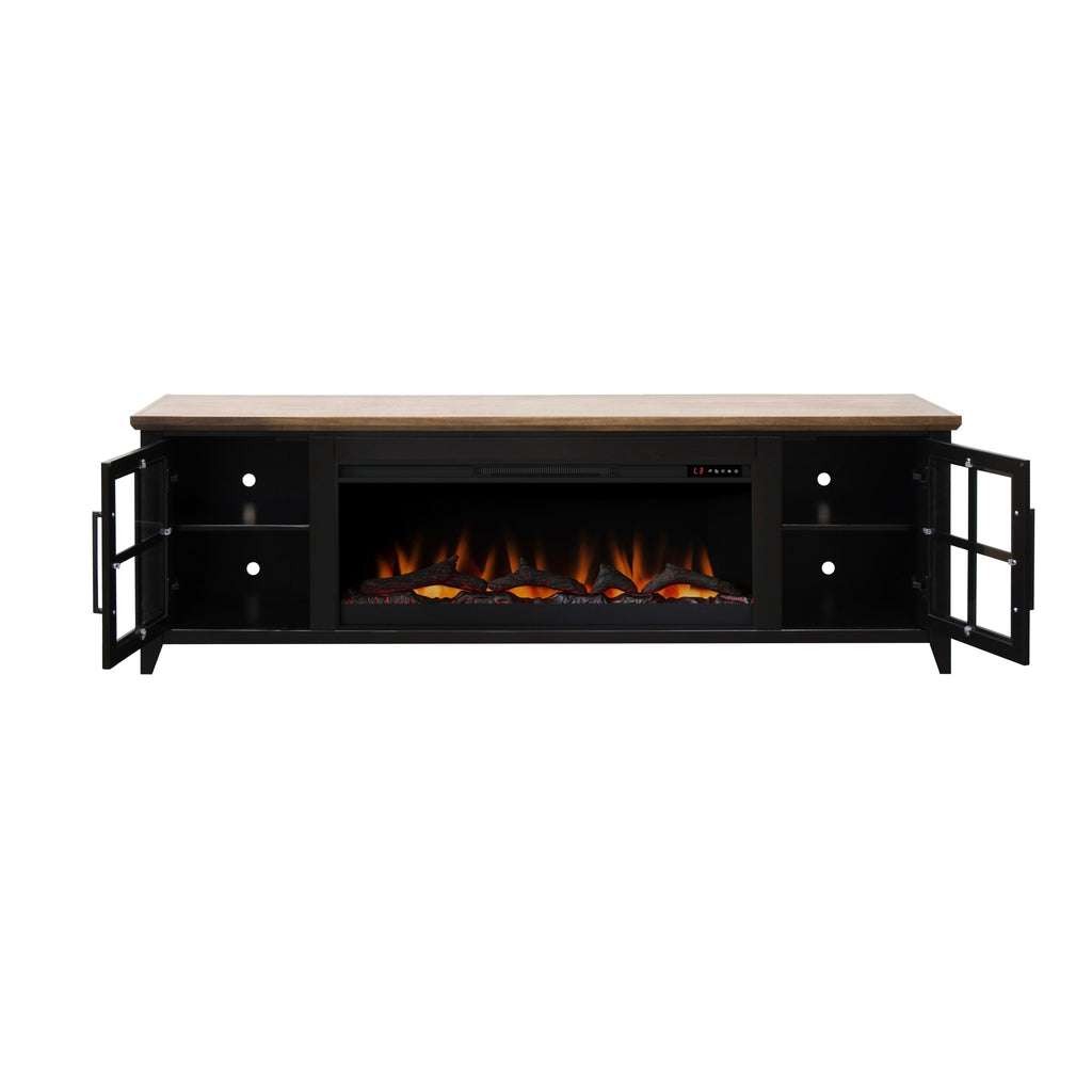 83-Inch Bourbon Black TV Stand With Fireplace And Glass Windowpane Doors (SAK40281)
