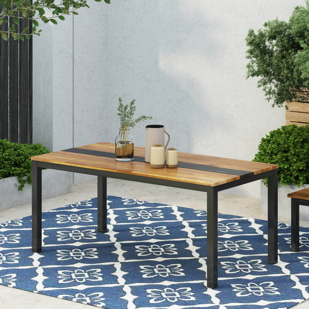 Acacia Wood Outdoor Dining Table with Powder-Coated Frame - Lindsey Dining Table