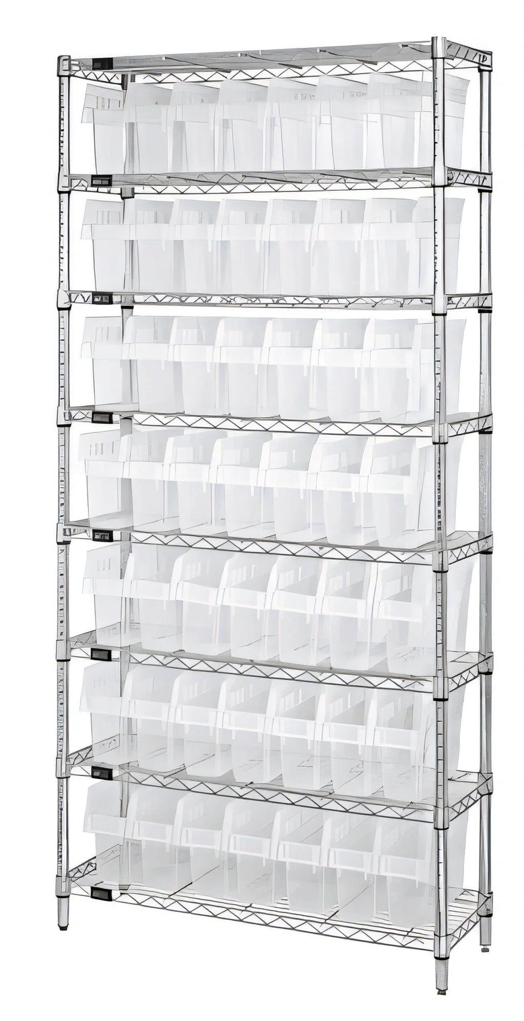 Quantum WR8-801CL Stationary Chrome Bin Wire Shelving Unit, 36"W x 12"D x 74"H, 8 Shelves, 49 Clear Bins