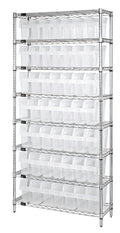 Quantum WR8-801CL Stationary Chrome Bin Wire Shelving Unit, 36"W x 12"D x 74"H, 8 Shelves, 49 Clear Bins