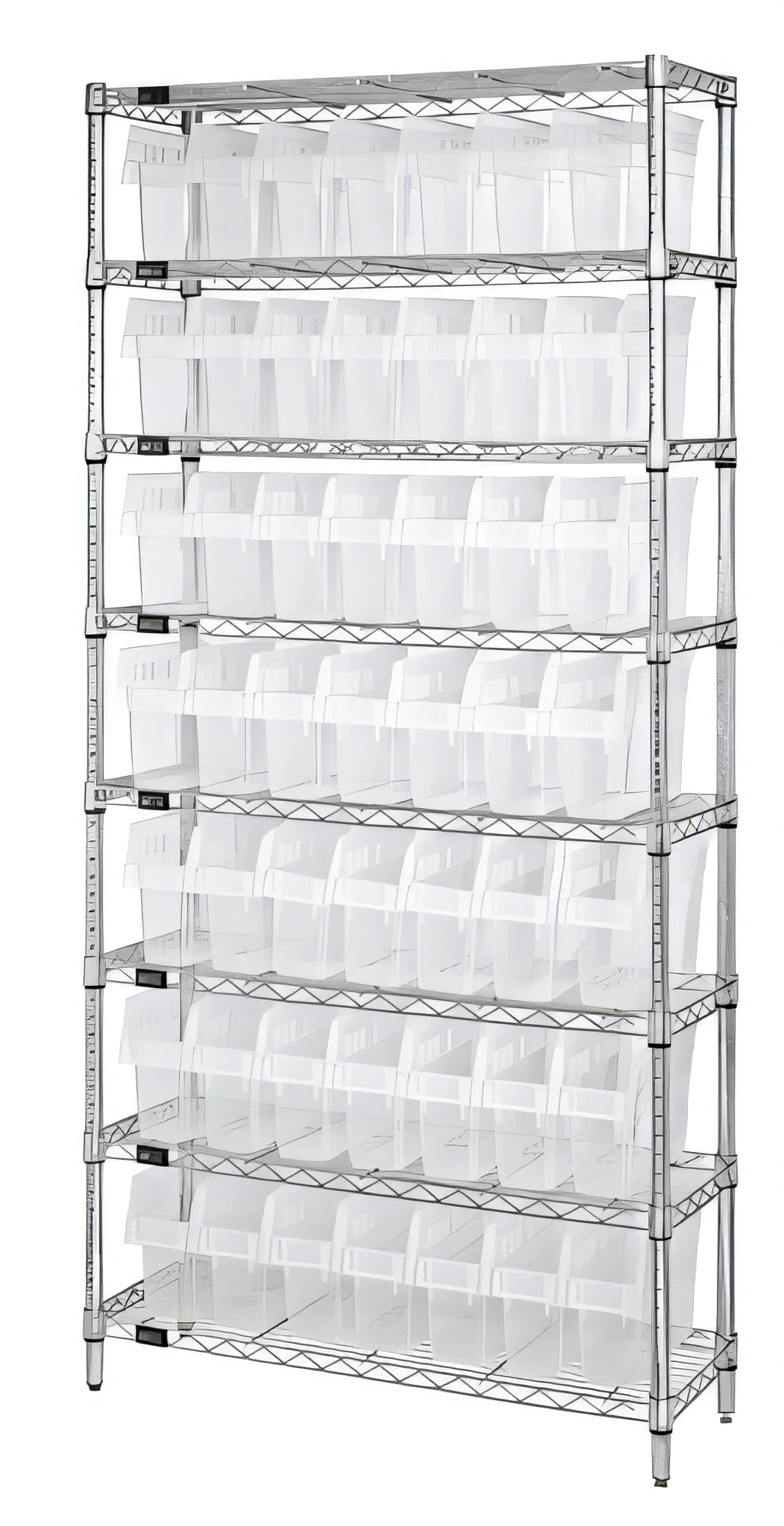 Quantum WR8-801CL Stationary Chrome Bin Wire Shelving Unit, 36"W x 12"D x 74"H, 8 Shelves, 49 Clear Bins