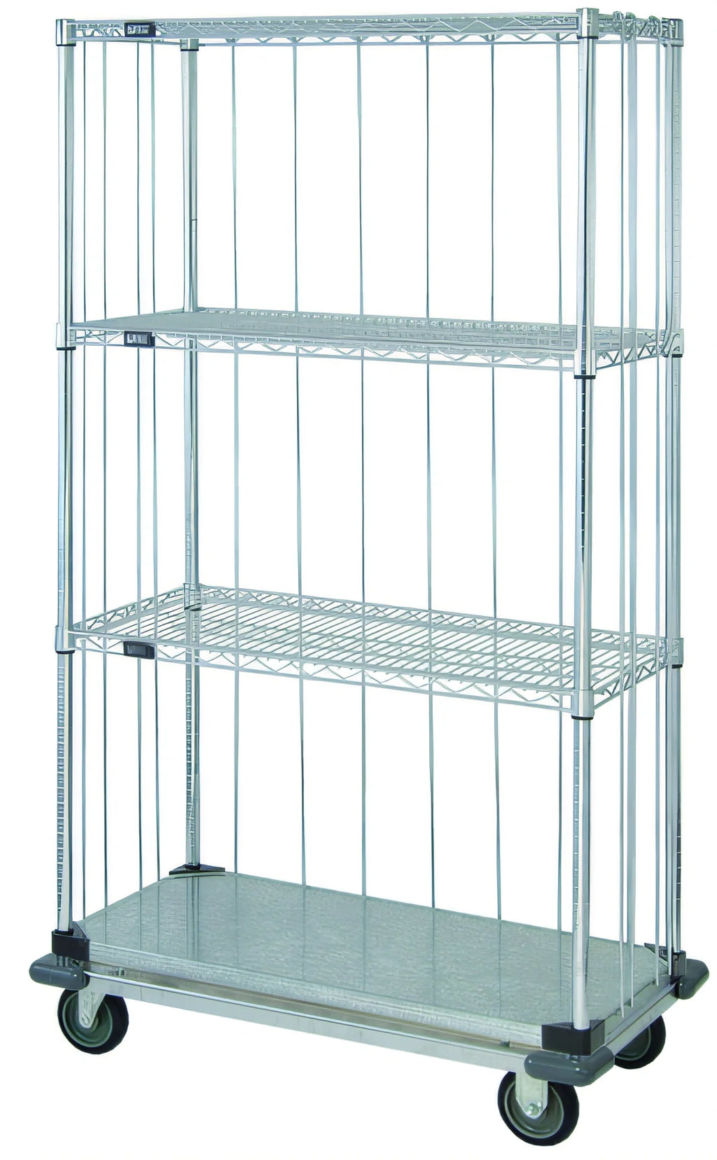 Quantum MD1836CG46RE 4-Shelf Mobile Enclosure Cart, 36 x 18 x 70 Inches, Chrome Plated, 3 Wire and 1 Solid Shelf
