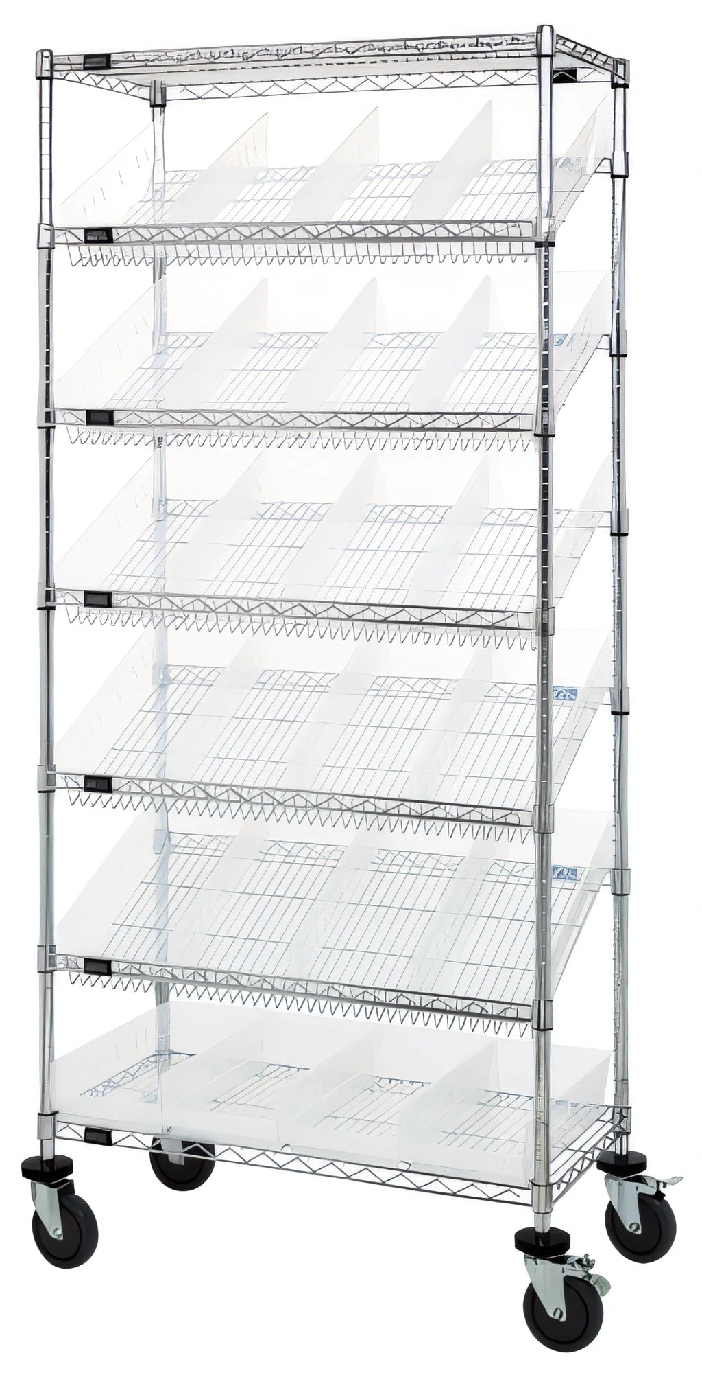 Quantum MWRS-7-108CL Mobile Wire Shelving Bin System with 24 Clear Bins, 7 Shelves, Chrome-Plated, 36 x 18 x 74 Inches
