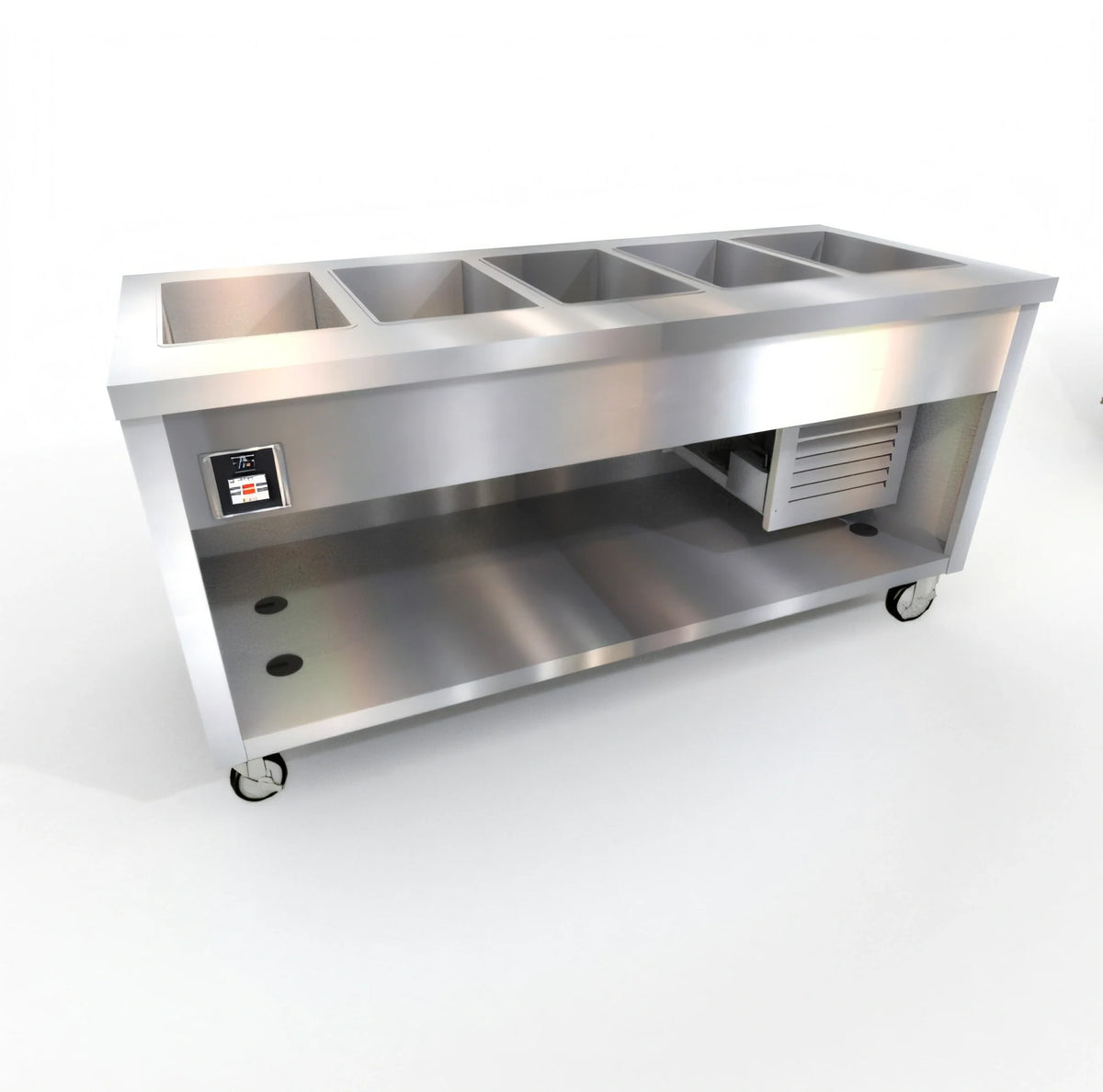 Duke Manufacturing Thurmaduke TFCP-74SS-N7 74-Inch 5-Section Mobile Stainless Steel Refrigerated Cold Pan with Digital Touchscreen