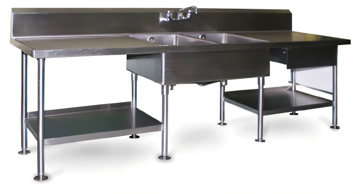 Eagle Group Spec-Master SMPT3096 96"W x 30"D 14-Gauge 304 Stainless Steel Marine Prep Table with Double Sinks, 10" Backsplash and Poly Cutting Board
