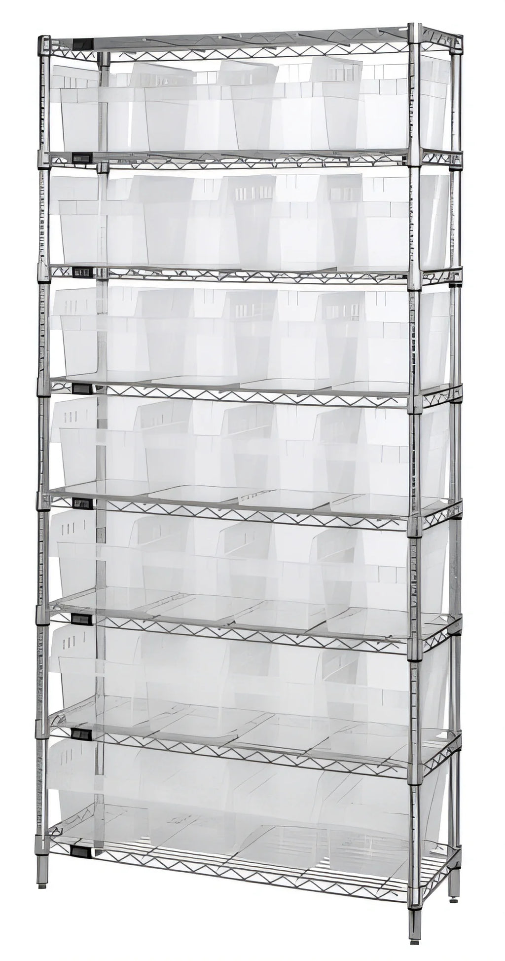 Quantum WR8-808CL Chrome Stationary Bin Wire Shelving System, 36"W x 18"D x 74"H, 8 Shelves, 28 Clear Bins