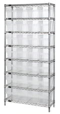 Quantum WR8-808CL Chrome Stationary Bin Wire Shelving System, 36"W x 18"D x 74"H, 8 Shelves, 28 Clear Bins